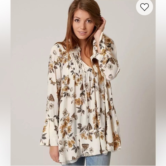 Free People Tops - Free People Womens Pebble Crepe Butterfly Tunic  Ivory Fringe Boho Peasant Small
